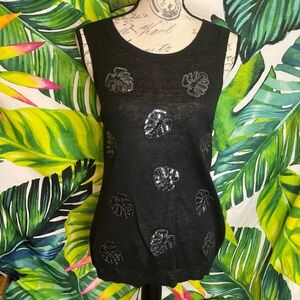 Tommy Bahama XS Black Silver Sequin Embellish Monstera Preppy Casual Summer Top